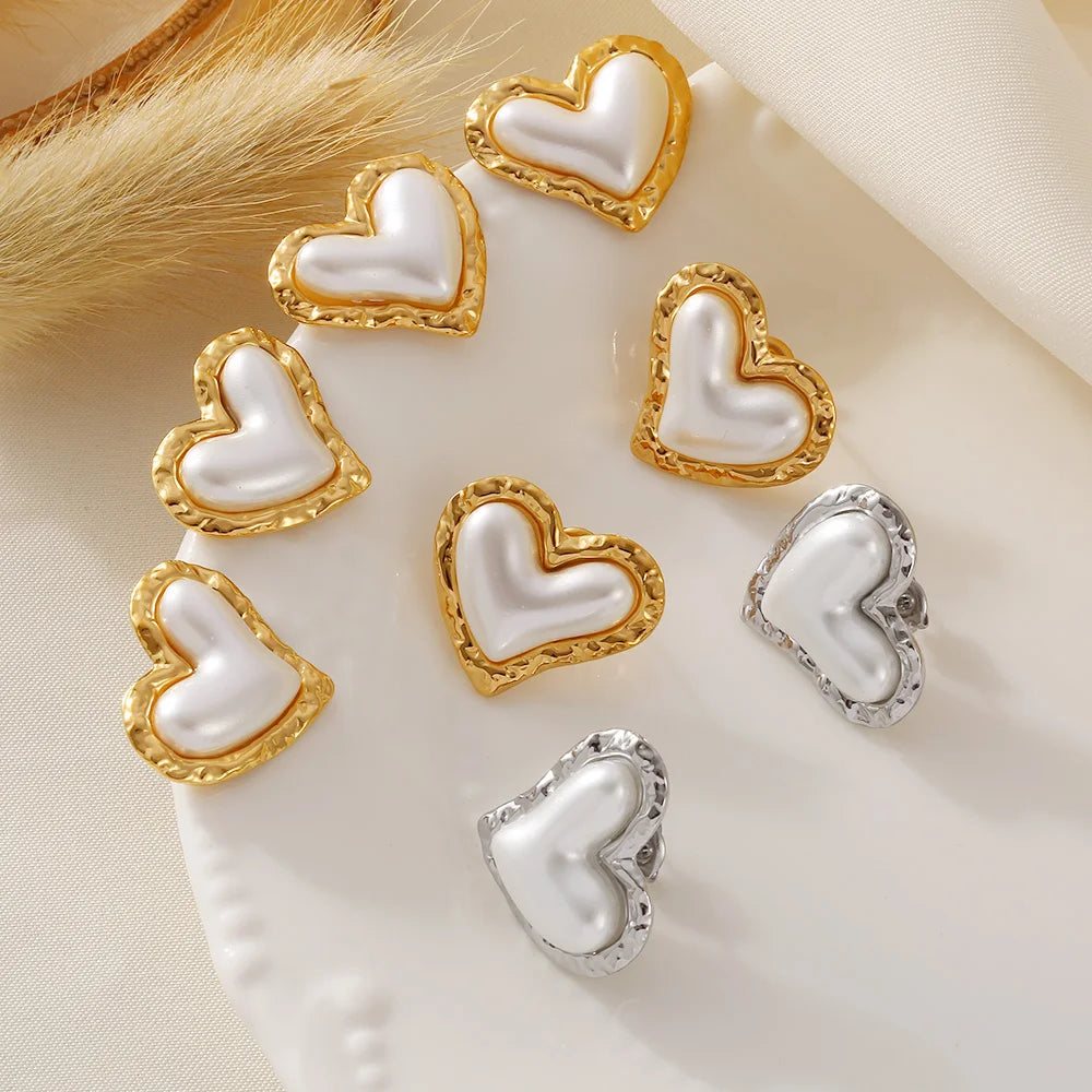 Trendy Stainless Steel Heart Stud Earrings For Women Plastic Pearl Earrings Women Wedding Waterproof Jewelry Gifts