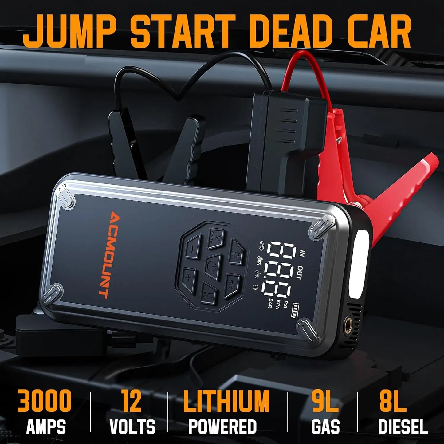 ACMOUNT 5-in-1 Car Jump Starter, 3000A Battery Jumper with 150PSI Tire Inflator, LED Light & Screen for Emergency