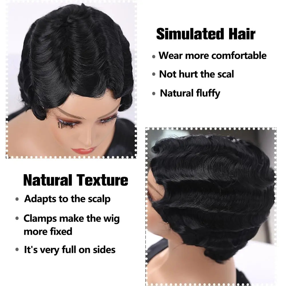 Short Pixie Cut Wigs Human Hair Machine Made Retro Finger Wave Wig Ocean Wave Real Hair Machine Made Wigs for Women,Easy to Wear