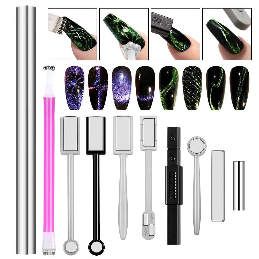 Nail Art Magnetic Stick Wand Pen Set for 3D Cat Eye Gel Painting Nails Art Magnet Wand UV Gel Polish Magic Manicure Tools