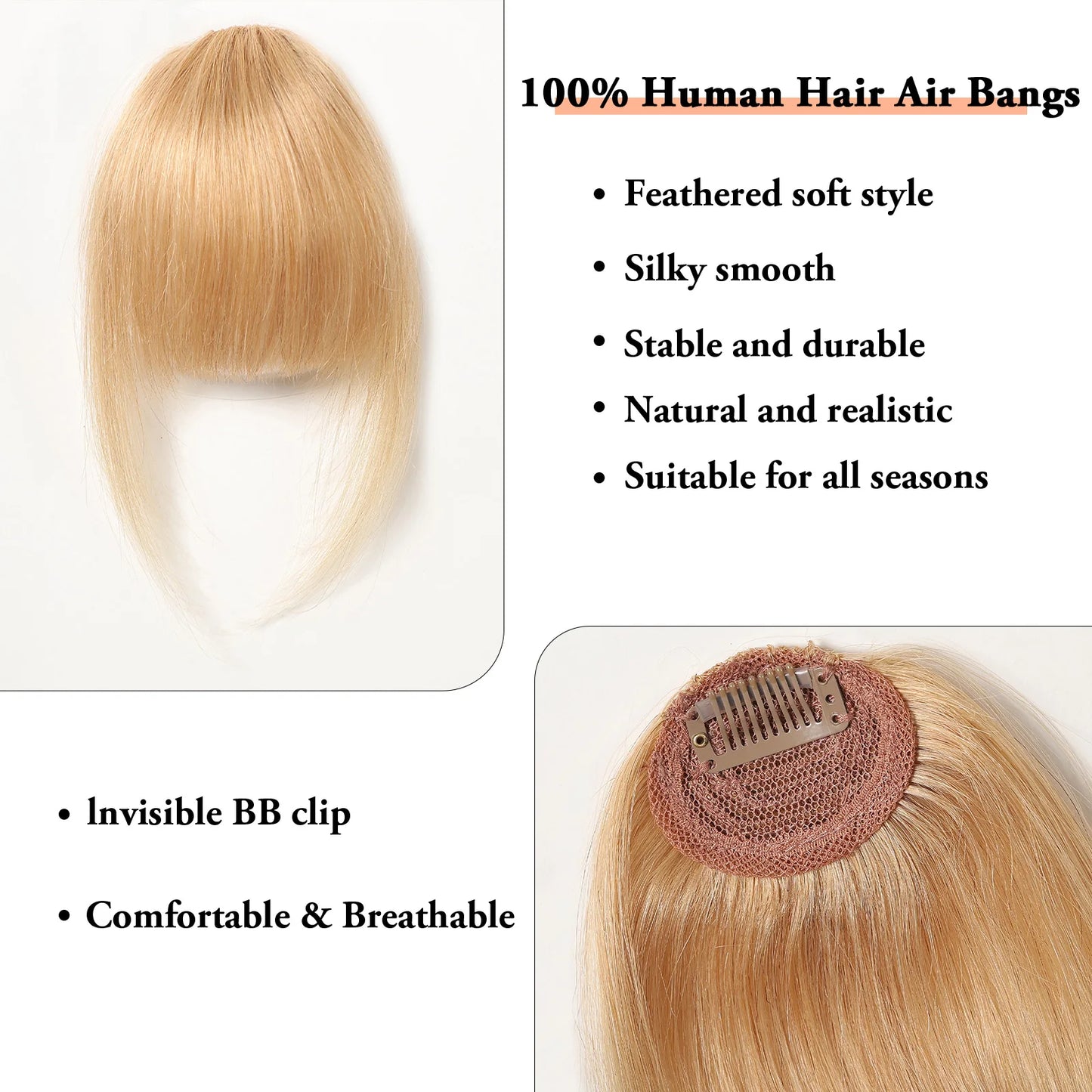 Golden Blonde Human Hair Fringe Bangs Clips in Straight 3D Air Fringe Bangs for Women Remy Human Hairpiece Light Hair Extensions