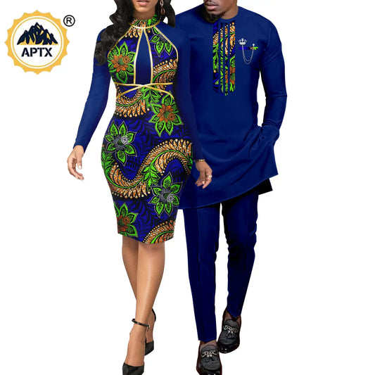 African Abaya Hip Dresses for Women Matching Couple Outfits Bazin Riche Men Top and Pant Sets Dashiki Print Outwear Y23C069