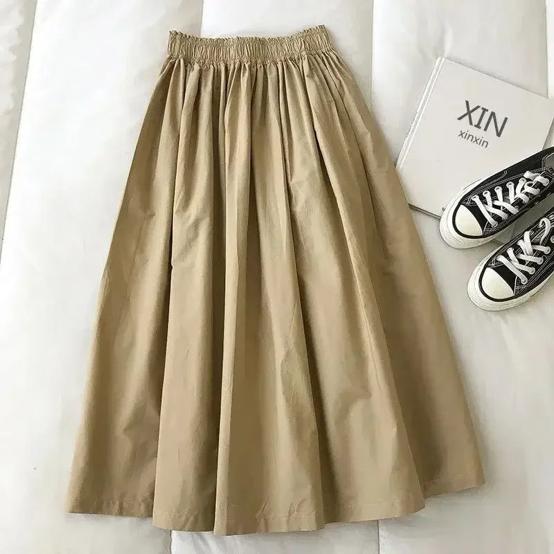 New Skirt Ladie Fashion Women Pockets Pleated Knee Length Skirts Solid Color Casual High Waist A Line Woman Skirts Elegant 2024