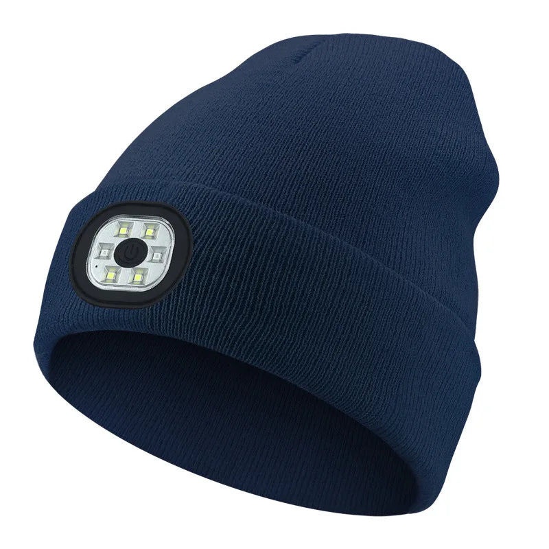 LED Hat Headlight With Bluetooth Wireless Stereo Headset Music Player Dimming Rechargeable Flashlight Unisex Beanie Hat Knitted