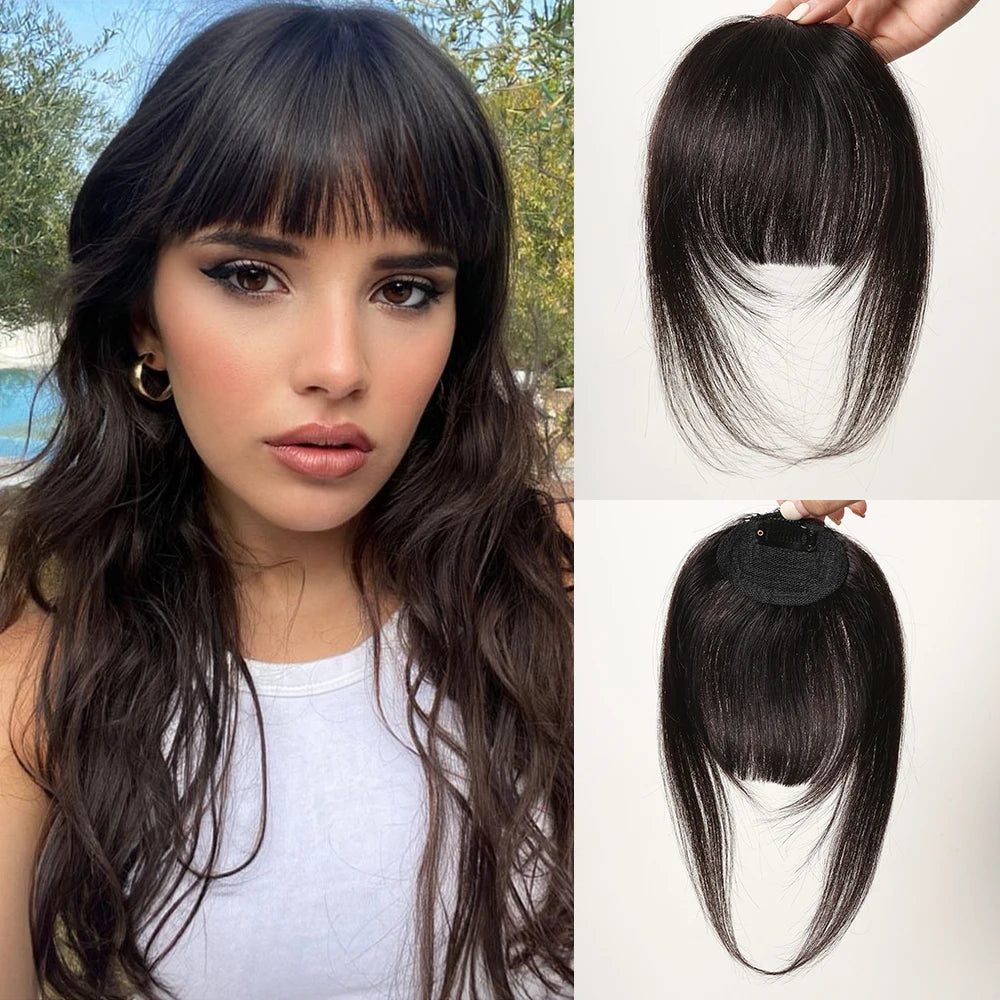 Natural Black Human Hair Bangs OverHead Clip in Hair Extensions Wispy Bangs Fringe Hairpieces for Women in Air Bang Hair 4.5inch