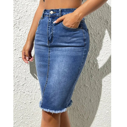 Women High Waist Denim Skirts Ladies Stretch Jeans Knee Length Bodycon Pencil Skirt