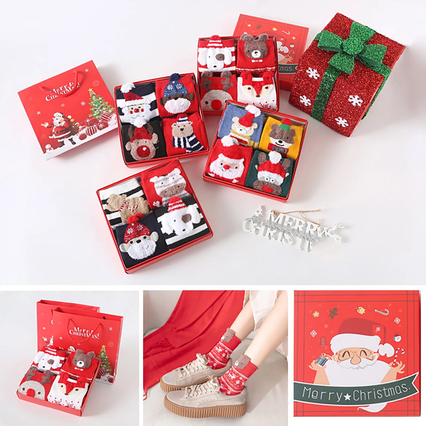 4pcs 2024 New Fashion Christmas Cartoon Cute Socks Gift Box Mid Tube Wnter Women'S Socks