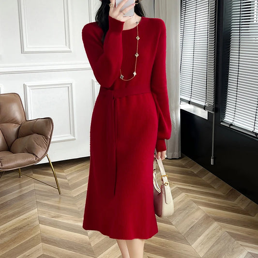 Dress Female 100% Pure Wool Round Collar Pullover Sweater Dress Woman Fashion Frenum Loose Cashmere Knit Autumn Winter Clothing