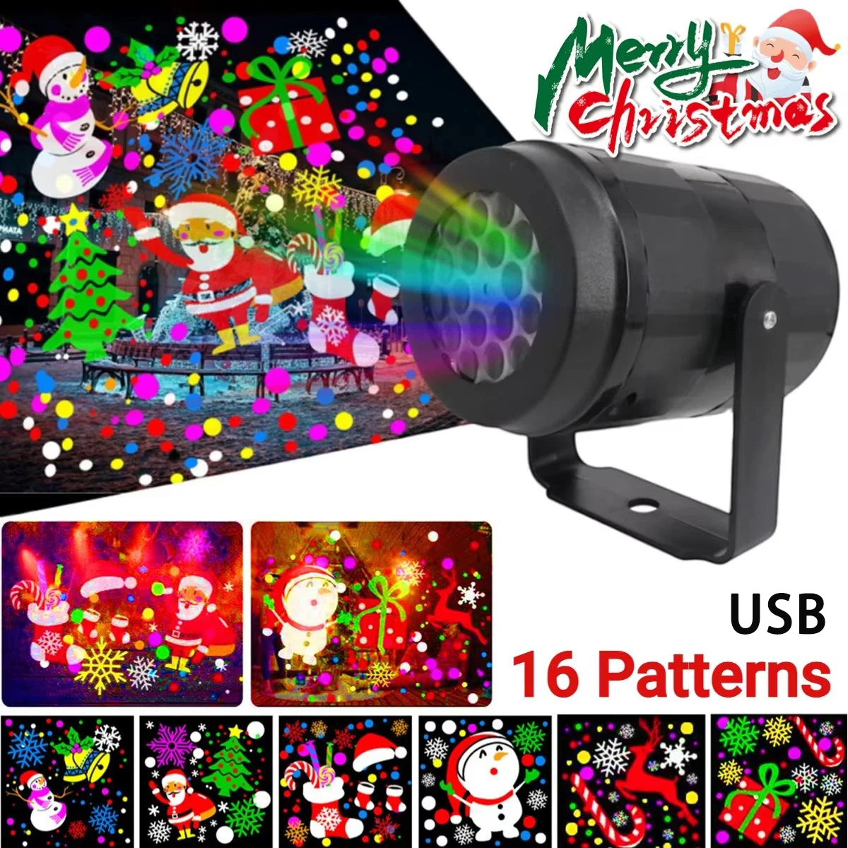 16 Patterns LED Christmas Projector Lamp 360° Rotatable Party Christmas Decoration Lamp Indoor Outdoor Lighting Snow Spotlight