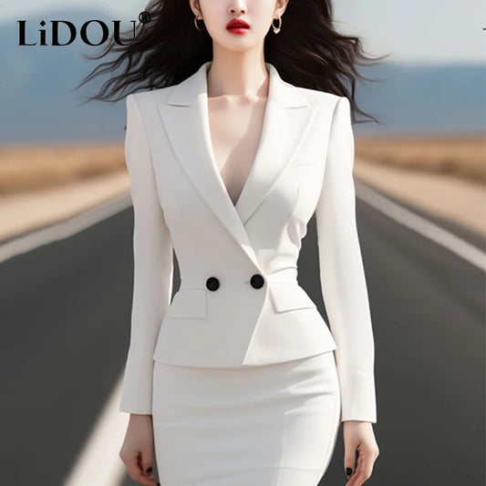 Spring Autumn Women's Elegant Fashion Blazers Temperament Bodycon Skirt Set Office Lady Long Sleeve Casual Fashion Suit Femme