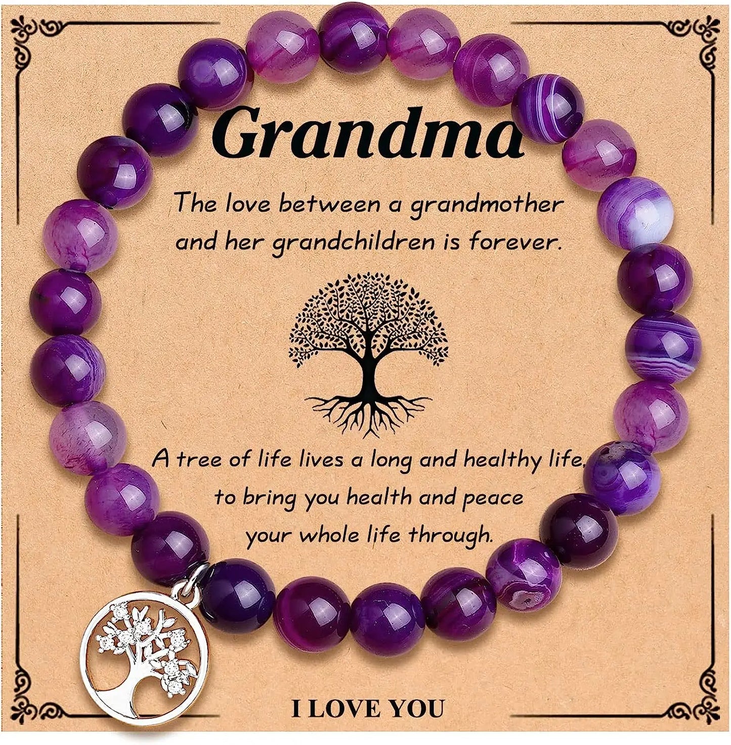 Purple Agate Bracelet Life Tree Card, Rhodochrosite Beaded Natural Stone Bracelet, Nana/Grandma/Mom Birthday Christmas Day Gifts