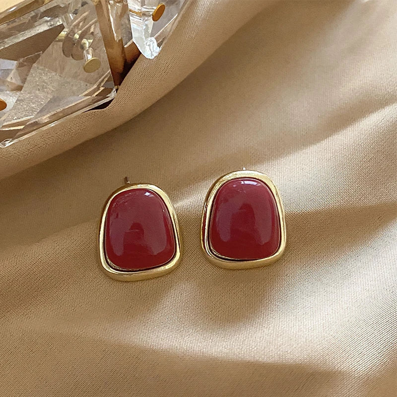 Vintage Dripping Oil Wine Red Retro Stud Earrings For Women Korean Pearl Flower Heart Shape Geometric Earring High Sense Jewelry