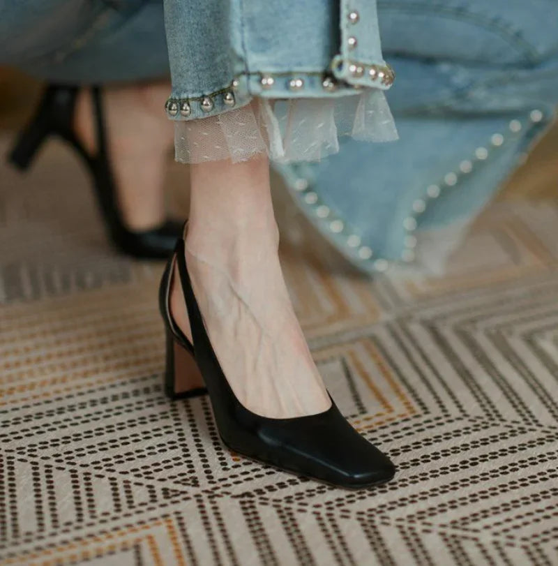 Block Heel Woman Footwear High Heels Shoes For Women Luxury Leather Casual Chunky Square Toe On Heeled Office Pumps Slip Young A