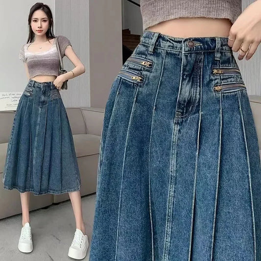 Vintage Denim Skirt For Women High-waisted Slimming Zippered A- line Design Sensibility Summer 2023 New Arrival