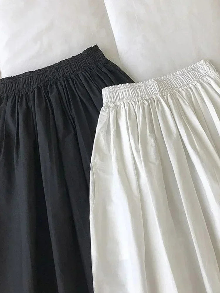 New Skirt Ladie Fashion Women Pockets Pleated Knee Length Skirts Solid Color Casual High Waist A Line Woman Skirts Elegant 2024