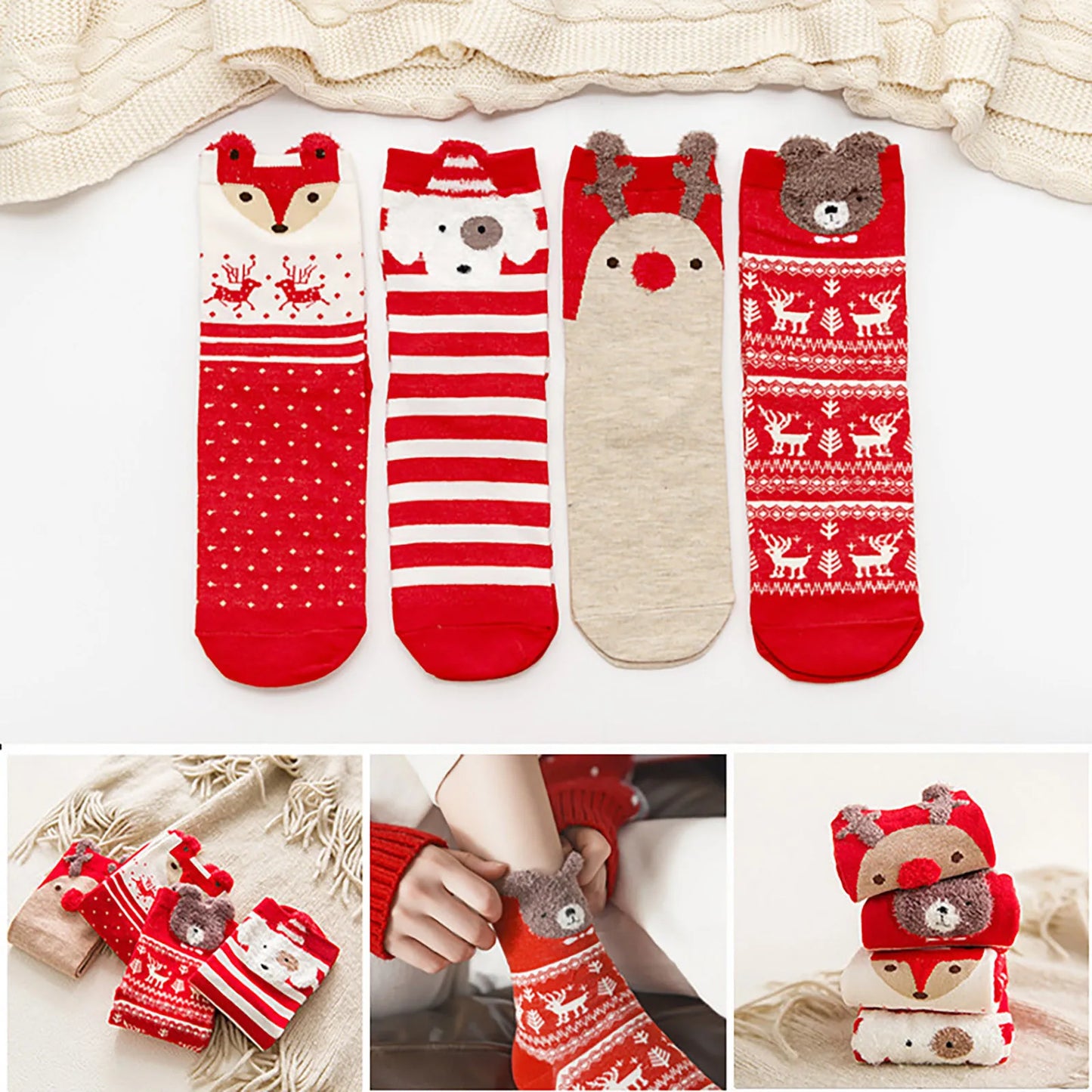 4pcs 2024 New Fashion Christmas Cartoon Cute Socks Gift Box Mid Tube Wnter Women'S Socks