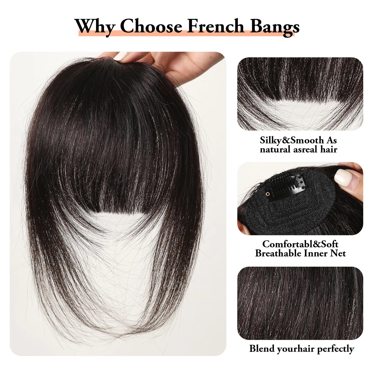 Natural Black Human Hair Bangs OverHead Clip in Hair Extensions Wispy Bangs Fringe Hairpieces for Women in Air Bang Hair 4.5inch