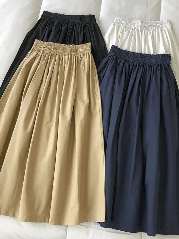 New Skirt Ladie Fashion Women Pockets Pleated Knee Length Skirts Solid Color Casual High Waist A Line Woman Skirts Elegant 2024