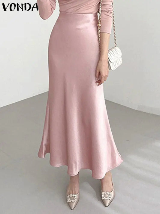 Elegant Office Skirts 2024 VONDA Summer Women Casual Satin High Waist Solid Color Bottoms Pleated Loose Streetwear Long Skirts