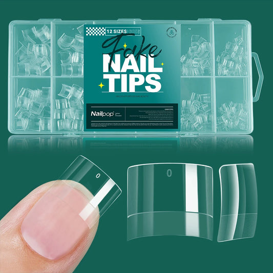 Nailpop Short Nail Tips Half Cover 600PCS Extra Short Square Soft Gel Pre-shaped Clear False Nails with Handles for Nail Salon