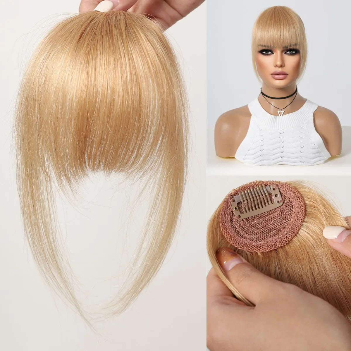 Golden Blonde Human Hair Fringe Bangs Clips in Straight 3D Air Fringe Bangs for Women Remy Human Hairpiece Light Hair Extensions