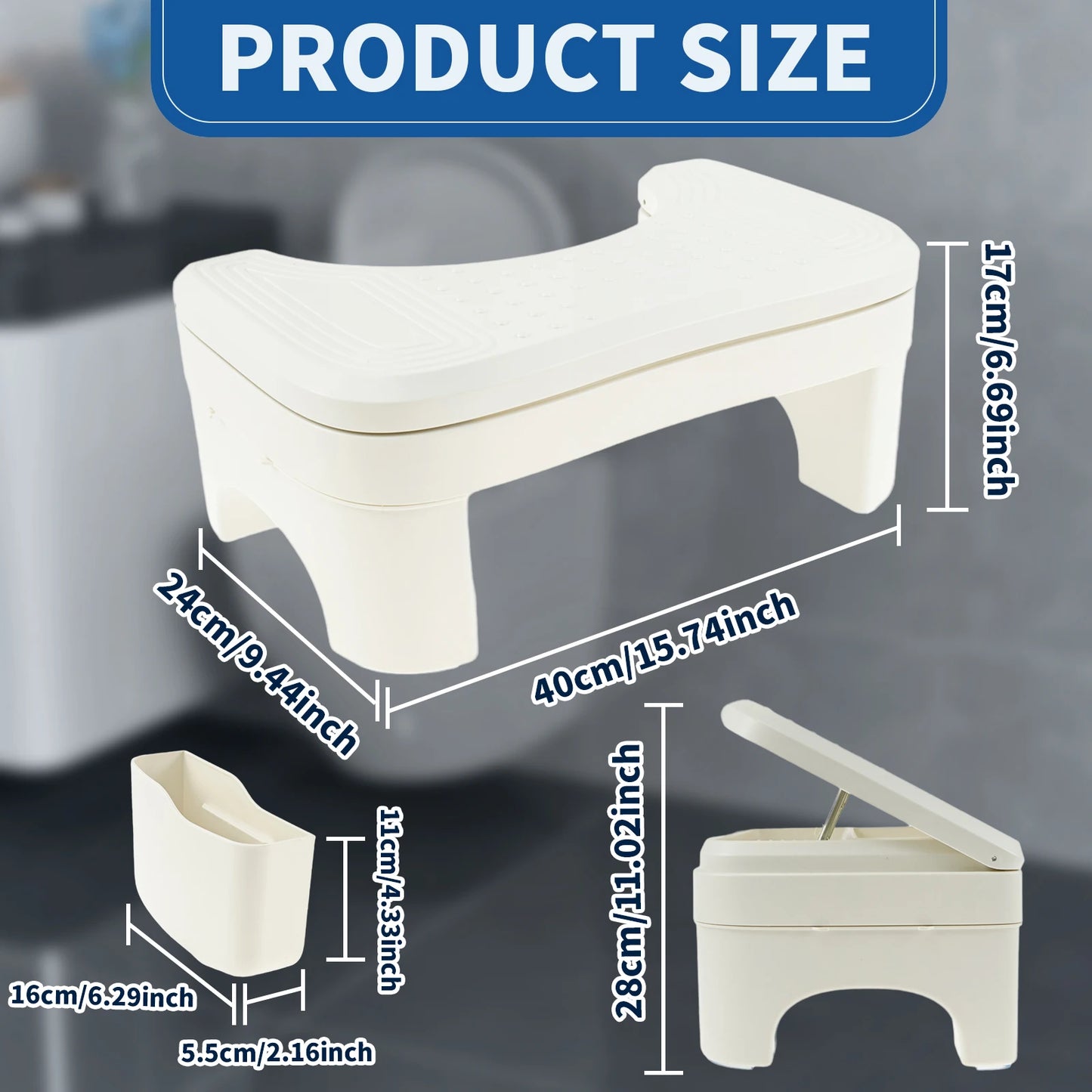 Toilet Poop Stool with Storage Box Height Adjustable Nonslip Bathroom Squat Stool Poop Potty Washroom Squatting Leg Raiser