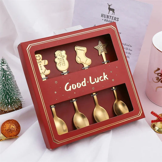 4Pcs Gold/Silver Christmas Coffee Spoons with Gift Box Stainless Steel Gingerbread Man Dessert Spoons Cutlery Spoon Xmas Gift