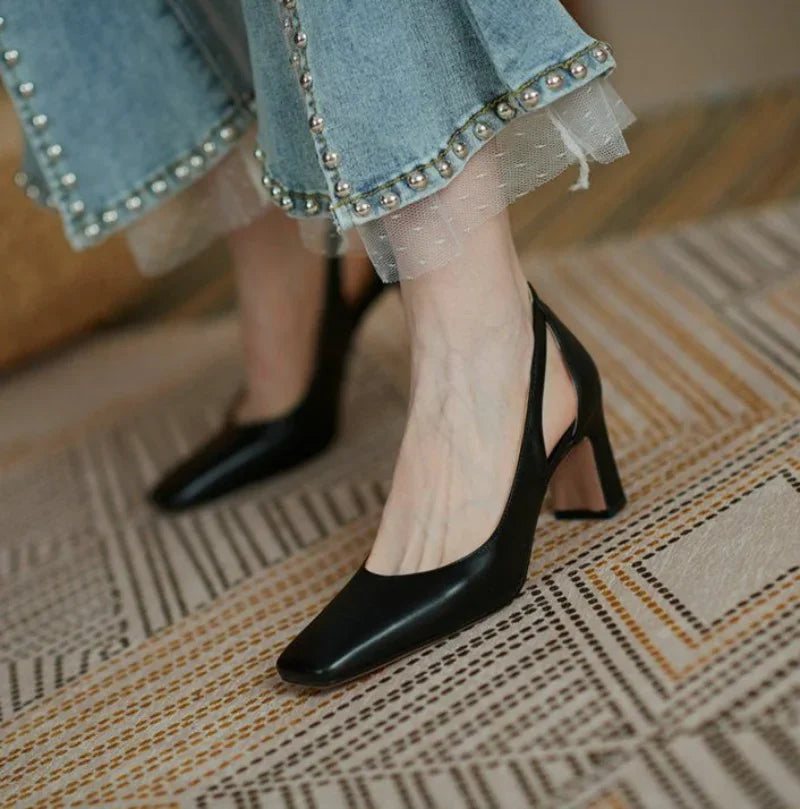 Block Heel Woman Footwear High Heels Shoes For Women Luxury Leather Casual Chunky Square Toe On Heeled Office Pumps Slip Young A