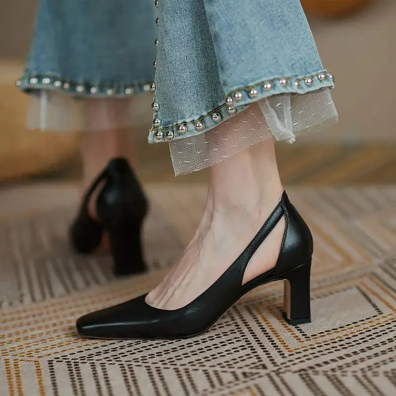 Block Heel Woman Footwear High Heels Shoes For Women Luxury Leather Casual Chunky Square Toe On Heeled Office Pumps Slip Young A