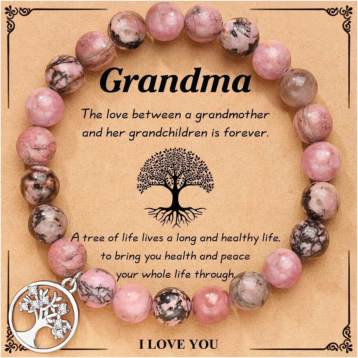 Purple Agate Bracelet Life Tree Card, Rhodochrosite Beaded Natural Stone Bracelet, Nana/Grandma/Mom Birthday Christmas Day Gifts