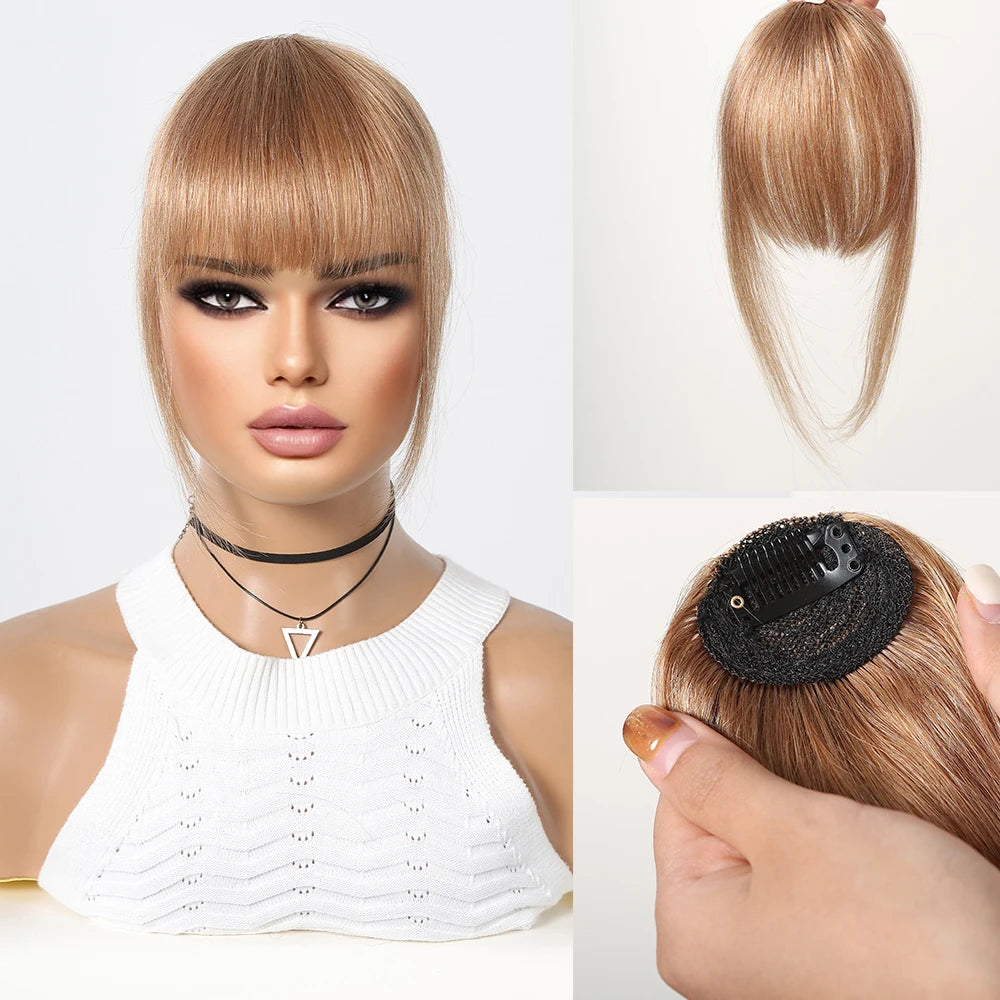 Golden Blonde Human Hair Fringe Bangs Clips in Straight 3D Air Fringe Bangs for Women Remy Human Hairpiece Light Hair Extensions