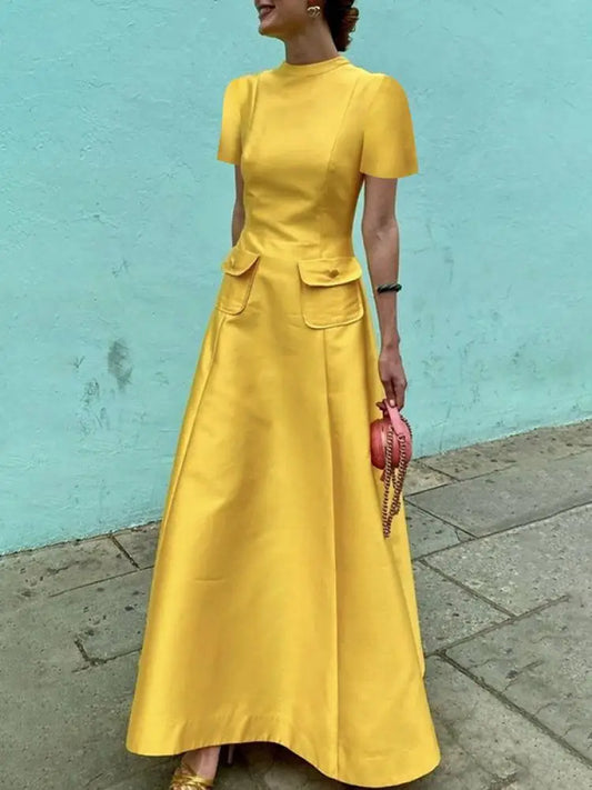 Freeacy Solid Yellow Slim Fit Dress Round Neck Short Sleeve High Waist Pockets A-line Evening Dress Ankle Length Pleated Dress