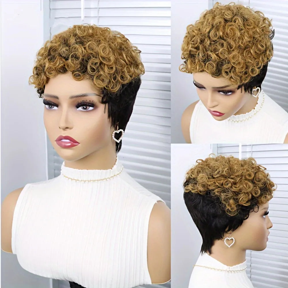 6inch machine made Short Curly Hair Wigs Pixie Cut Human Hair Wigs Wig Full Machine Made Human Hair Wig