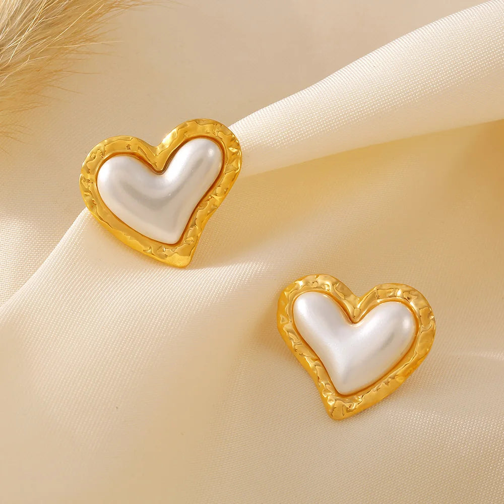 Trendy Stainless Steel Heart Stud Earrings For Women Plastic Pearl Earrings Women Wedding Waterproof Jewelry Gifts