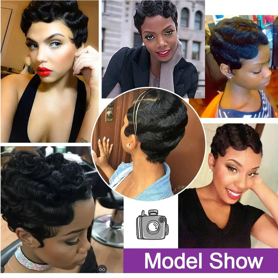 Short Pixie Cut Wigs Human Hair Machine Made Retro Finger Wave Wig Ocean Wave Real Hair Machine Made Wigs for Women,Easy to Wear