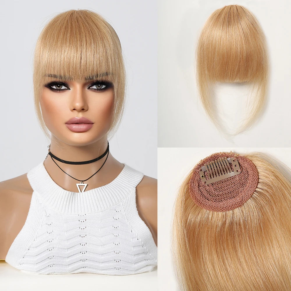 Golden Blonde Human Hair Fringe Bangs Clips in Straight 3D Air Fringe Bangs for Women Remy Human Hairpiece Light Hair Extensions